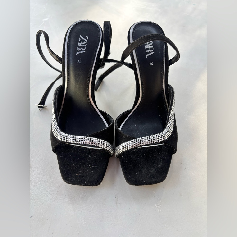 Zara Black Rhinestone Strap Suede Heeled Sandals